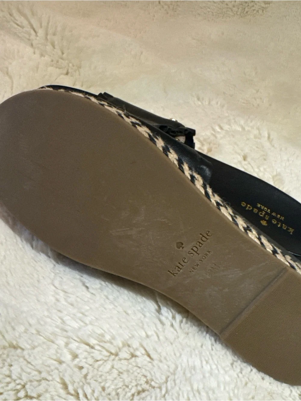 kate spade Black Leather Ruffle Espadrille Slide Sandals